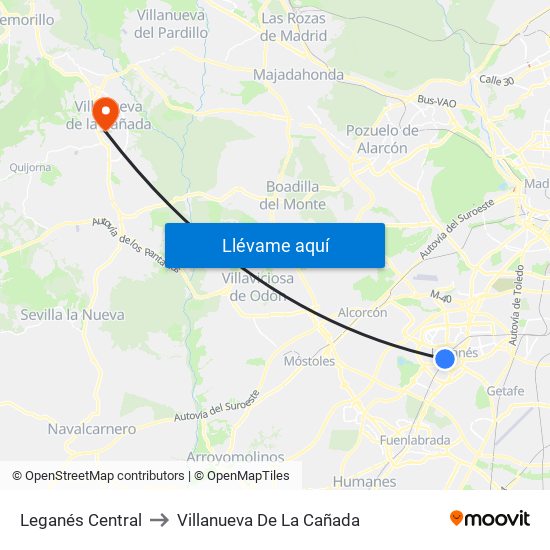 Leganés Central to Villanueva De La Cañada map