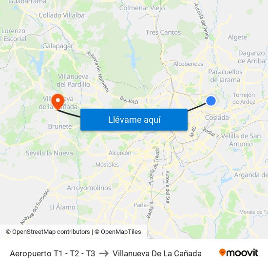 Aeropuerto T1 - T2 - T3 to Villanueva De La Cañada map