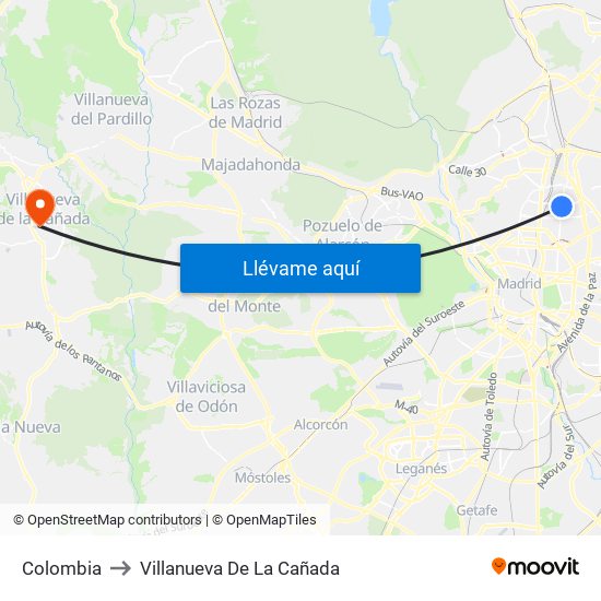 Colombia to Villanueva De La Cañada map