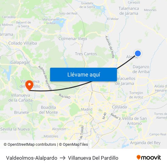 Valdeolmos-Alalpardo to Villanueva Del Pardillo map