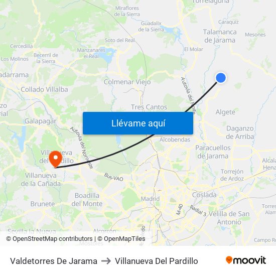 Valdetorres De Jarama to Villanueva Del Pardillo map