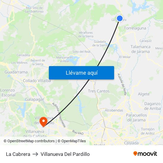 La Cabrera to Villanueva Del Pardillo map