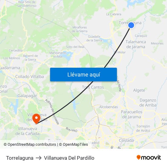 Torrelaguna to Villanueva Del Pardillo map