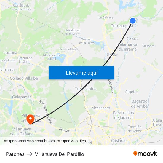 Patones to Villanueva Del Pardillo map