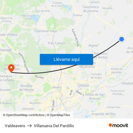 Valdeavero to Villanueva Del Pardillo map