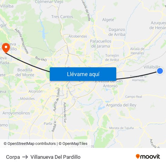 Corpa to Villanueva Del Pardillo map