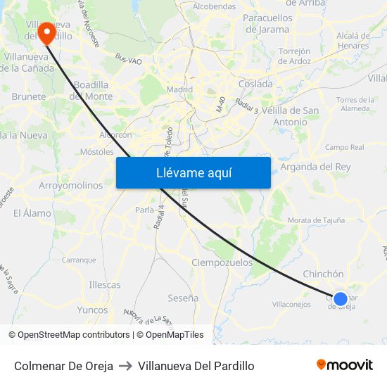 Colmenar De Oreja to Villanueva Del Pardillo map