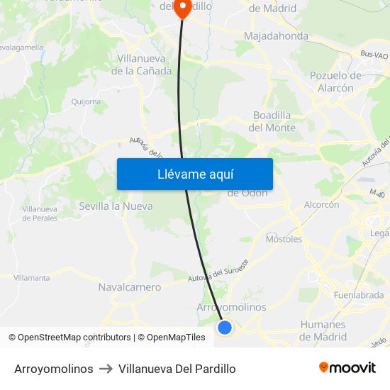 Arroyomolinos to Villanueva Del Pardillo map