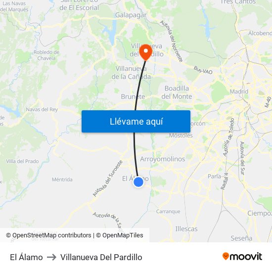 El Álamo to Villanueva Del Pardillo map