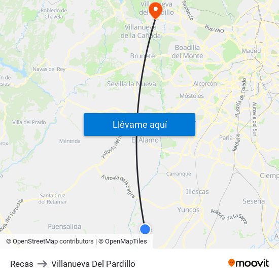 Recas to Villanueva Del Pardillo map