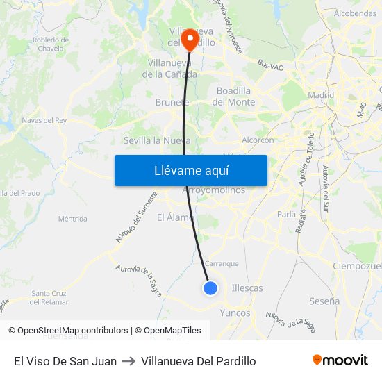 El Viso De San Juan to Villanueva Del Pardillo map