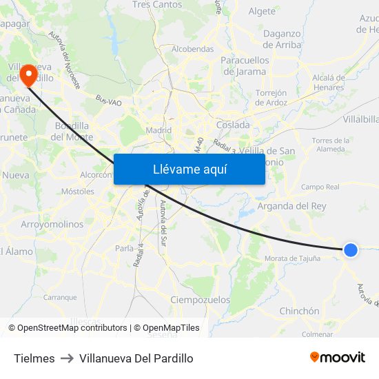 Tielmes to Villanueva Del Pardillo map