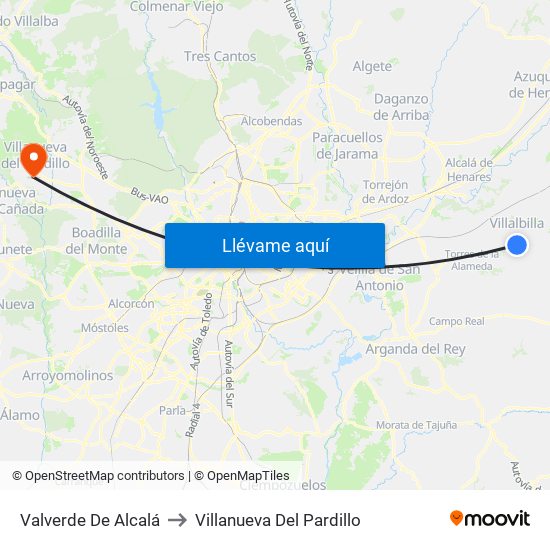 Valverde De Alcalá to Villanueva Del Pardillo map