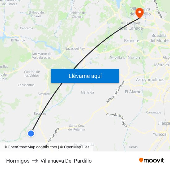 Hormigos to Villanueva Del Pardillo map