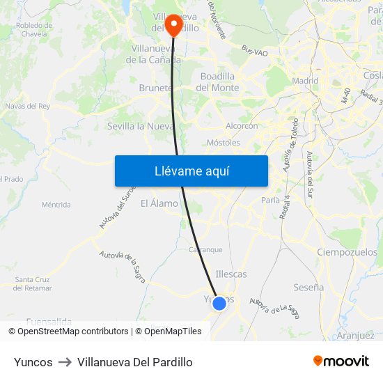 Yuncos to Villanueva Del Pardillo map