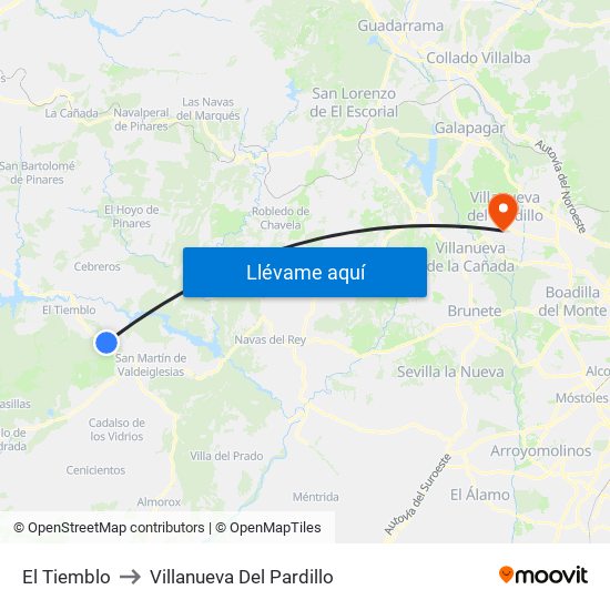 El Tiemblo to Villanueva Del Pardillo map