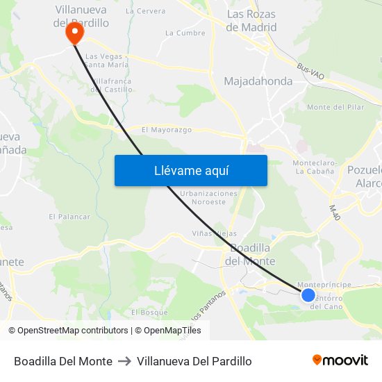 Boadilla Del Monte to Villanueva Del Pardillo map