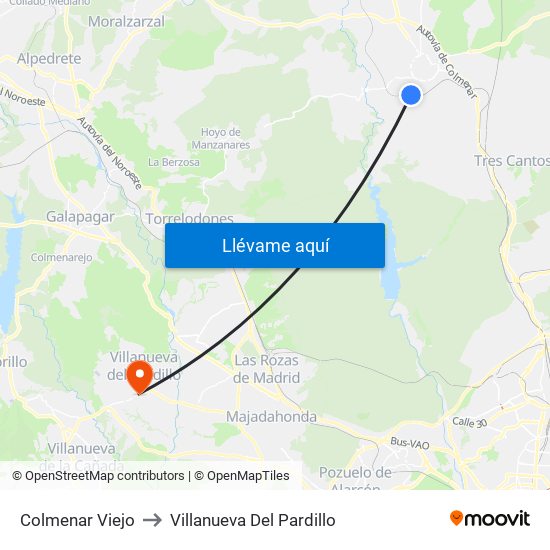 Colmenar Viejo to Villanueva Del Pardillo map