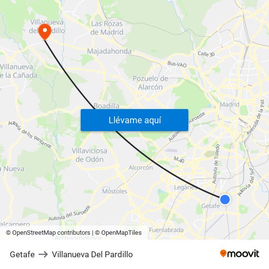 Getafe to Villanueva Del Pardillo map