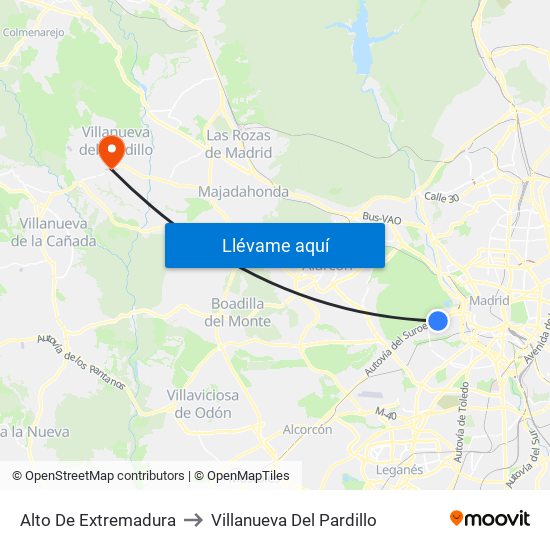 Alto De Extremadura to Villanueva Del Pardillo map