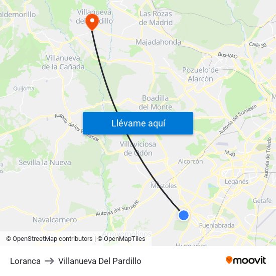 Loranca to Villanueva Del Pardillo map