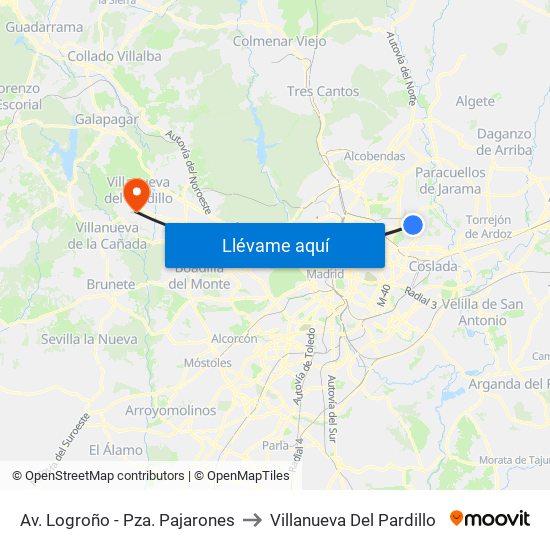 Av. Logroño - Pza. Pajarones to Villanueva Del Pardillo map