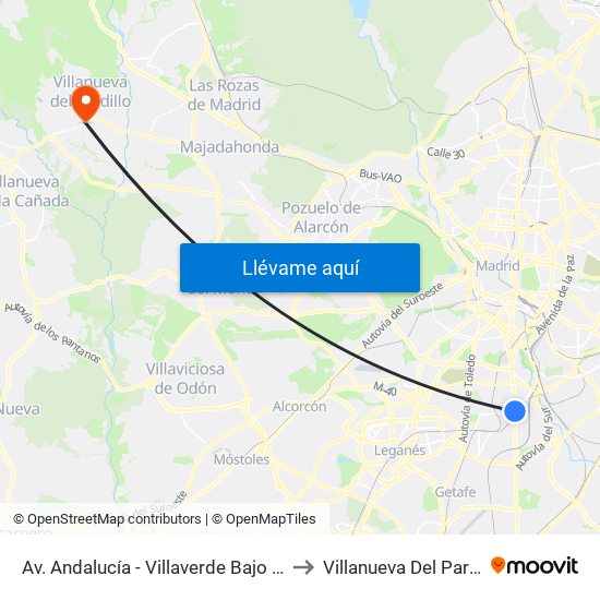 Av. Andalucía - Villaverde Bajo Cruce to Villanueva Del Pardillo map