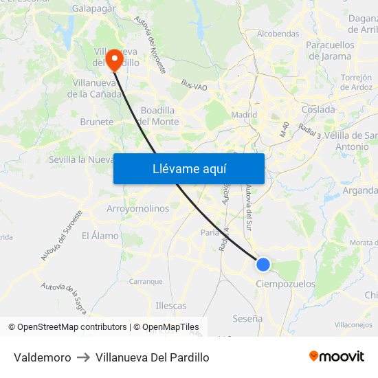 Valdemoro to Villanueva Del Pardillo map