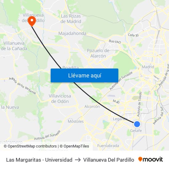 Las Margaritas - Universidad to Villanueva Del Pardillo map
