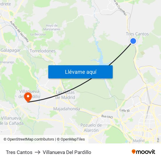 Tres Cantos to Villanueva Del Pardillo map