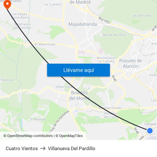 Cuatro Vientos to Villanueva Del Pardillo map