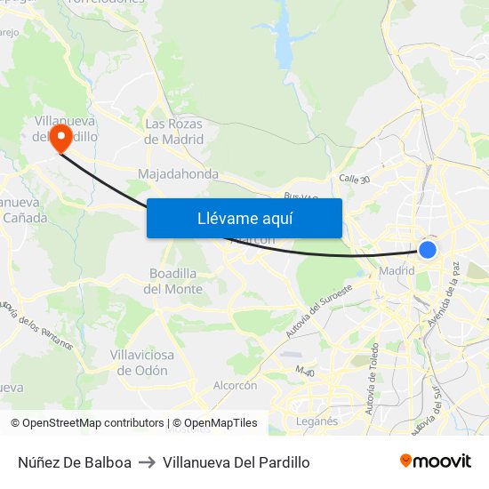 Núñez De Balboa to Villanueva Del Pardillo map