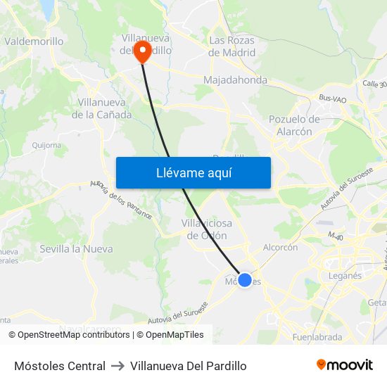 Móstoles Central to Villanueva Del Pardillo map