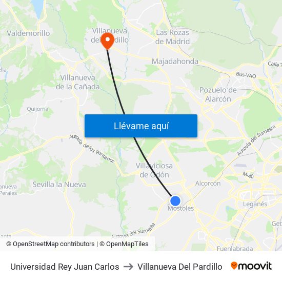 Universidad Rey Juan Carlos to Villanueva Del Pardillo map