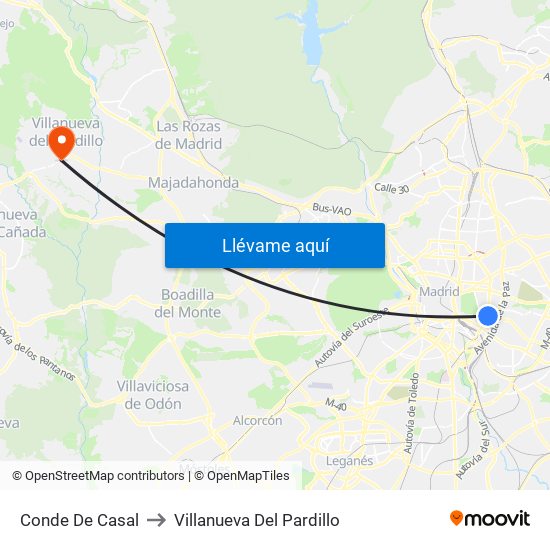 Conde De Casal to Villanueva Del Pardillo map