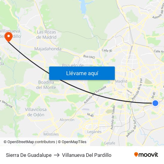 Sierra De Guadalupe to Villanueva Del Pardillo map