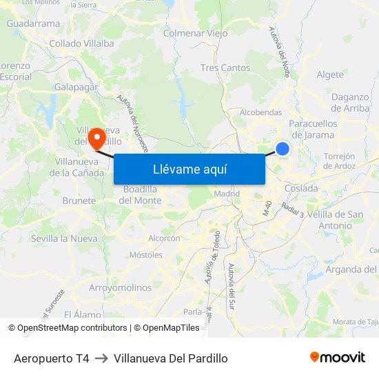 Aeropuerto T4 to Villanueva Del Pardillo map