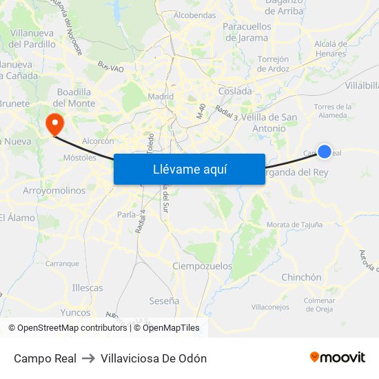 Campo Real to Villaviciosa De Odón map