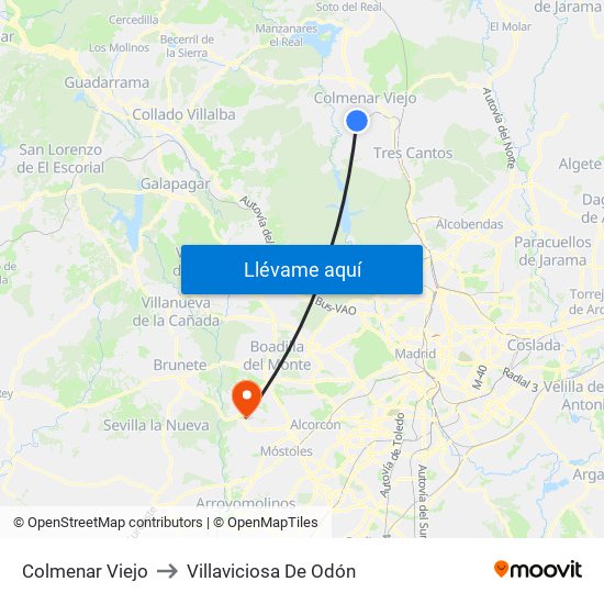 Colmenar Viejo to Villaviciosa De Odón map