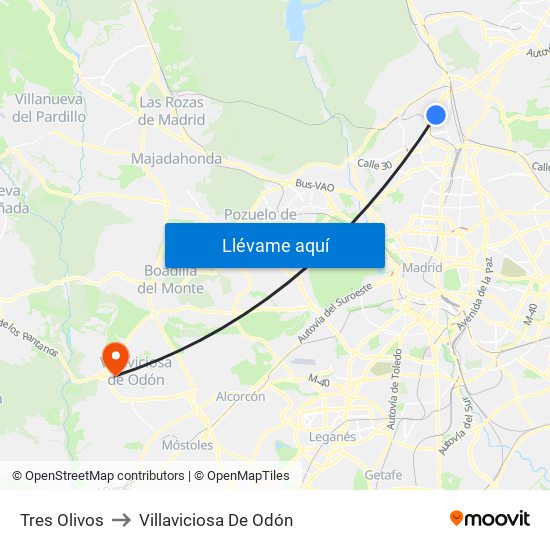 Tres Olivos to Villaviciosa De Odón map
