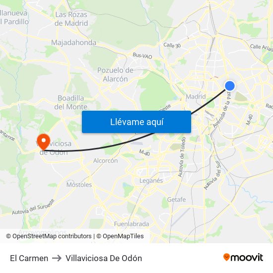 El Carmen to Villaviciosa De Odón map