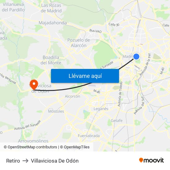 Retiro to Villaviciosa De Odón map
