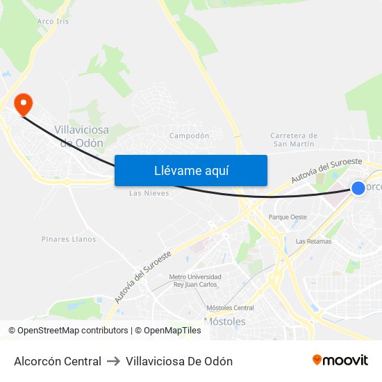 Alcorcón Central to Villaviciosa De Odón map