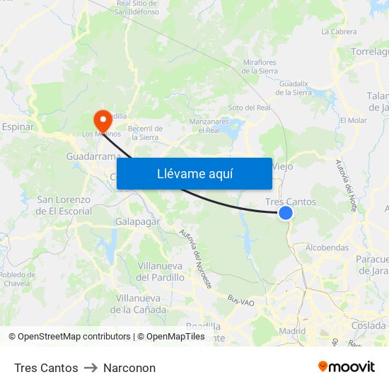 Tres Cantos to Narconon map