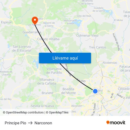Príncipe Pío to Narconon map