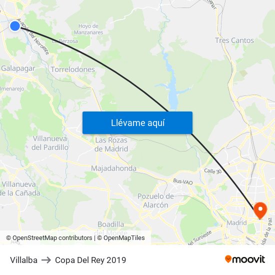 Villalba to Copa Del Rey 2019 map