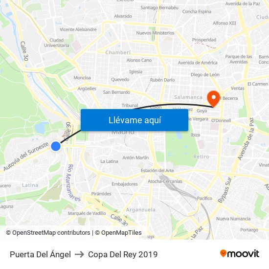 Puerta Del Ángel to Copa Del Rey 2019 map
