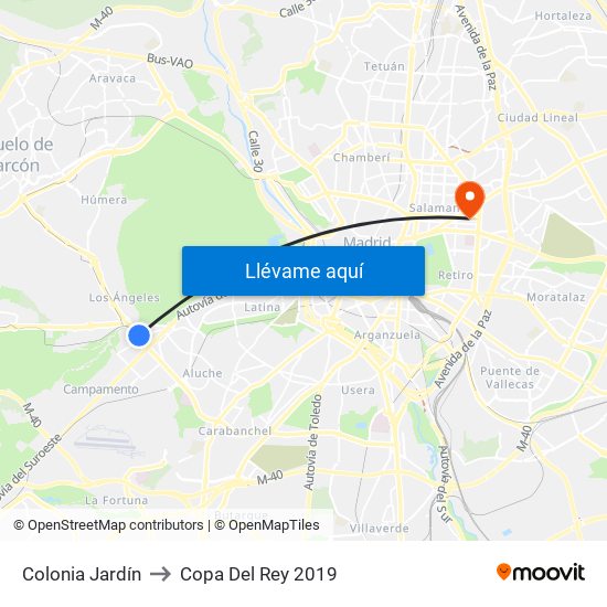 Colonia Jardín to Copa Del Rey 2019 map