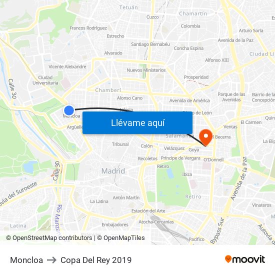 Moncloa to Copa Del Rey 2019 map