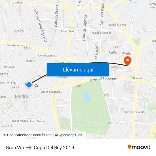 Gran Vía to Copa Del Rey 2019 map